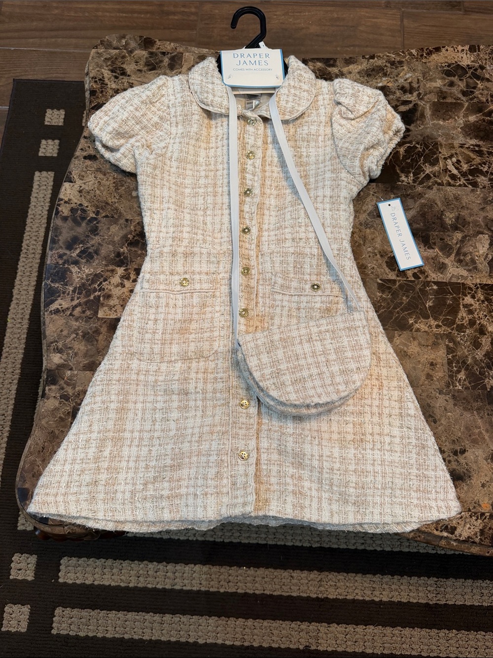 Draper James Cream and Light Tan Tweed Girls' Dress with Matching Crossbody